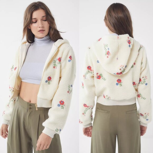 Urban Outfitters Fuzzy Sherpa Fleece Hooded Bomber Jacket Size Small - Picture 1 of 10